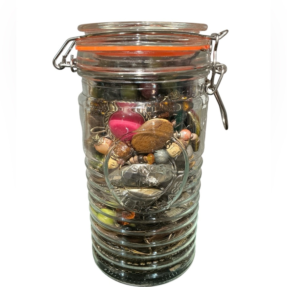 Large BoHo / Vintage Mystery Jewelry Jar in Neutral Tones Wood Stone Glass 3+lbs